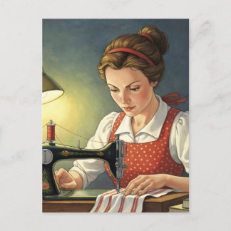 Seamstress Lady Sewing On Vintage Sewing Machine  Postcard