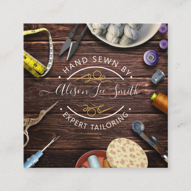 Seamstress or Tailor desk Hand sewn Square Busines Business Card (Front)
