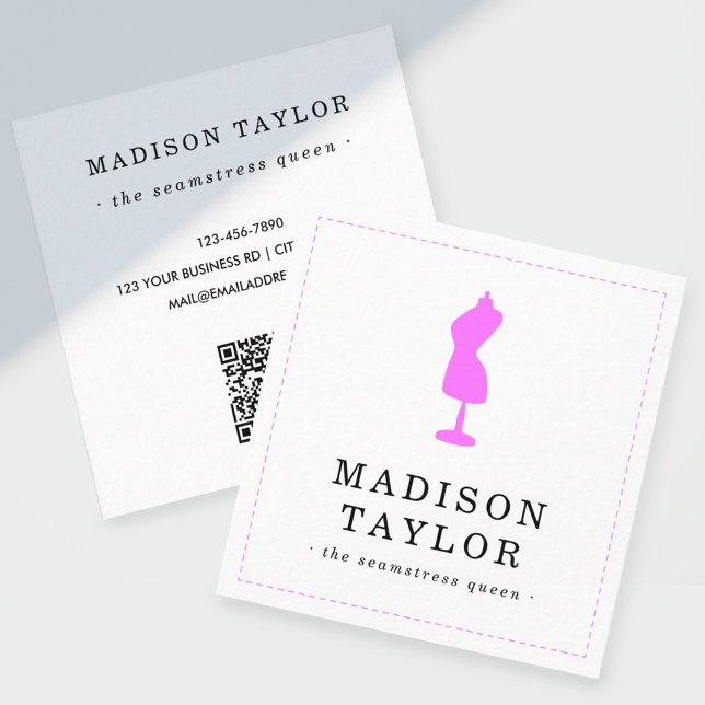 Seamstress Tailor | Pink Mannequin QR Code White Square Business Card (Creator Uploaded)
