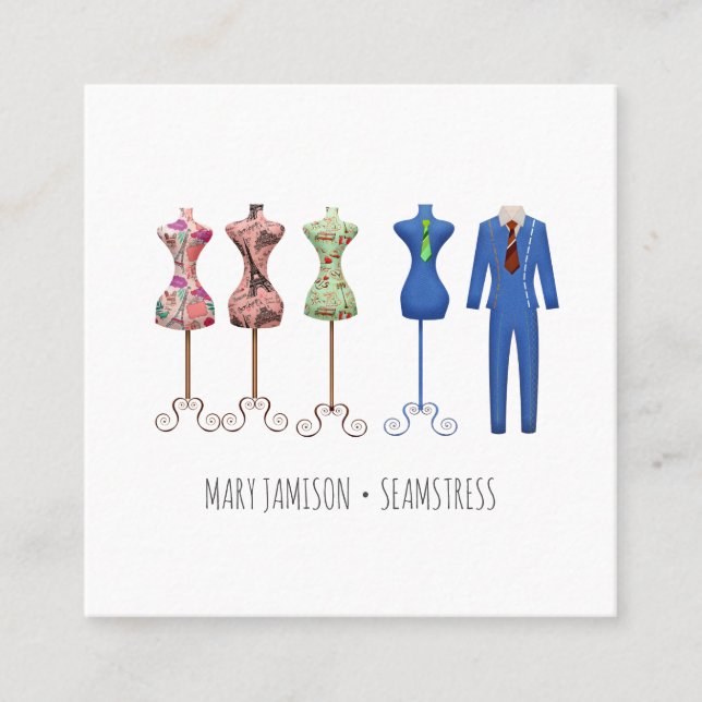 Seamstress Tailor Sewing Square Business Card (Front)
