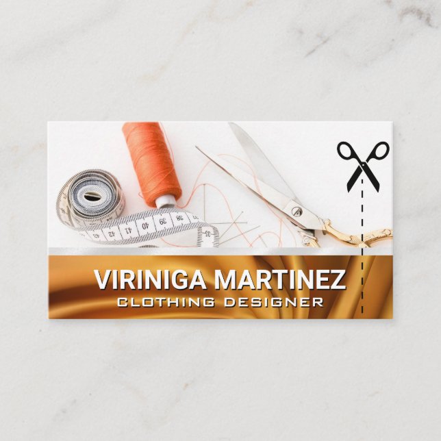 Seamstress Tools | Gold Fabric Business Card (Front)