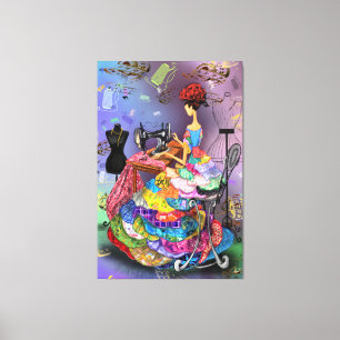 Seamstress Woman with Colourful Dress Canvas Prin Print