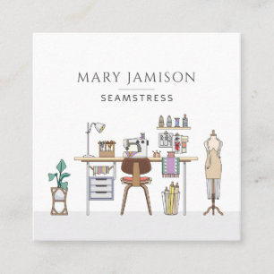 Seamstress Workshop Sewing Machine And Tools Square Business Card