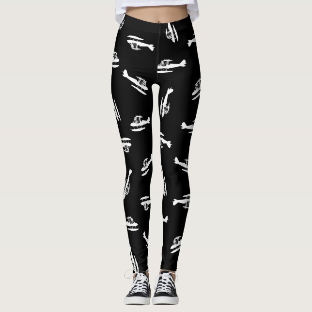 Seaplane Airplane Silhouettes Print Pattern Design Leggings (Front)