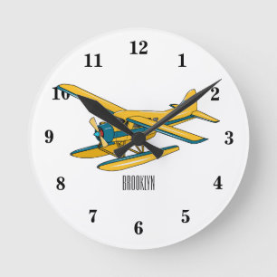 Seaplane cartoon illustration round clock