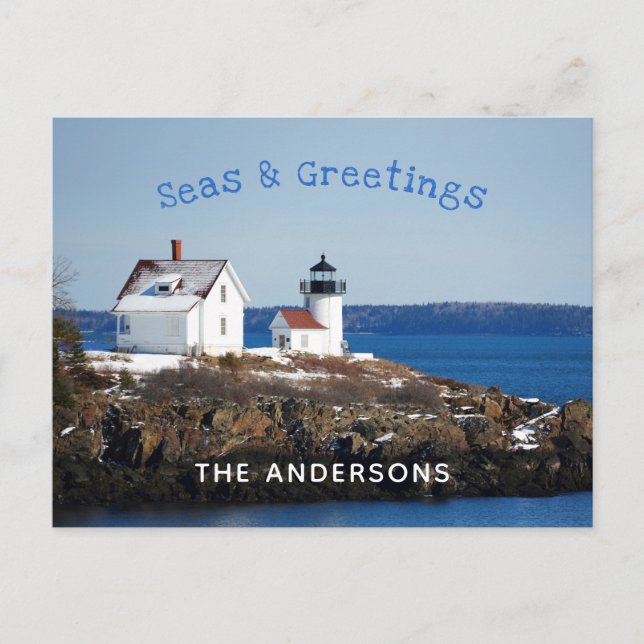 Seas and Greeting Lighthouse Holiday Postcard (Front)