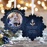 Seas and Greetings Anchor Blue Wood Print Ornament Card<br><div class="desc">Modern Seas and Greetings Christmas Holiday Photo Ornament Card - Navy Blue Blue Wood Print. Anchor topped with Watercolor Floral including red poinsettias,  pine cones and other beautiful winter greenery. This is a greeting card that is also an ornament.</div>