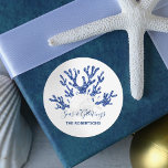 Seas and Greetings Beach Christmas Navy Blue  Classic Round Sticker<br><div class="desc">This coastal Christmas sticker has the holiday message “Seas & Greetings” with a sand dollar and starfish on navy blue glitter coral.
*If you would like this design on more products or need design help,  please contact me through Zazzle Chat.</div>