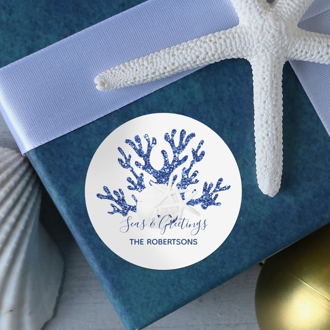 Seas and Greetings Beach Christmas Navy Blue  Classic Round Sticker (Creator Uploaded)