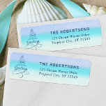 Seas and Greetings Beach Christmas Return Address<br><div class="desc">This beach themed holiday return address label has the phrase “Seas & Greetings” in the shape of a Christmas tree,  with an abstract watercolor beach background.</div>