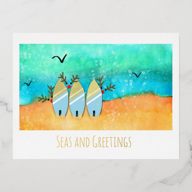 Seas and Greetings Beach Christmas with Rudolph  Foil Holiday Postcard (Front)