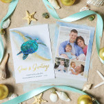 Seas and Greetings Beach Sea Turtle 3 Photo Foil Holiday Card<br><div class="desc">Real gold foil adds elegance to this coastal themed Christmas card, featuring a watercolor turquoise blue sea turtle on an abstract beach background with a gold glitter sparkly wave, and gold Seas & Greetings. On the back are 3 photo templates to easily personalize the cards with your favourite family photos....</div>