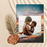 Seas and Greetings Beach Sunset Painting Photo  Foil Holiday Card<br><div class="desc">These beautiful holiday photo cards feature a beach sunset painting in the background and a rectangular (almost square) photo template. Stylish, modern typography reads, "Seas & Greetings" in real foil. The back is dark teal blue - Leave as is or customize the colour, if desired. Add more photos to the...</div>