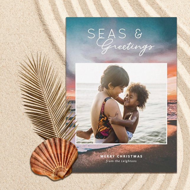 Seas and Greetings Beach Sunset Painting Photo Holiday Card (Creator Uploaded)