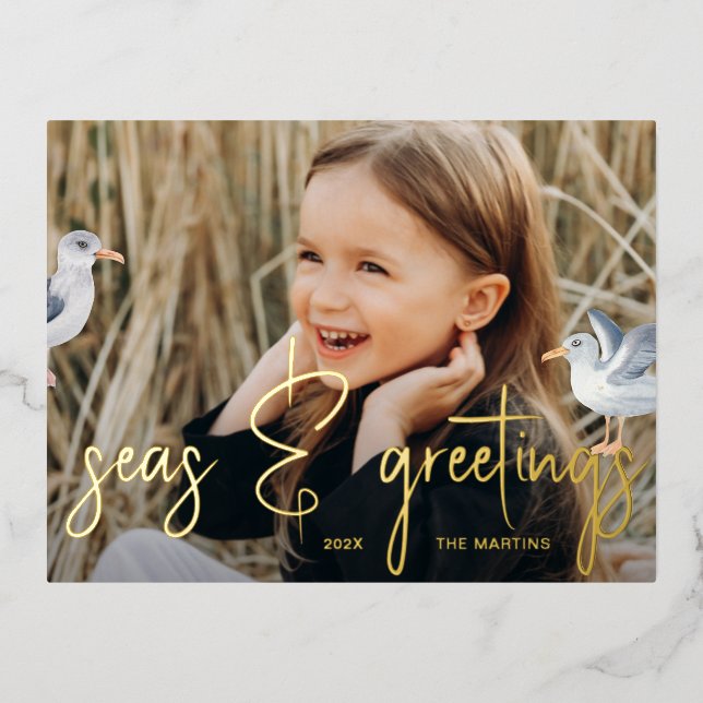 Seas and Greetings Blue Beach Theme Photo Foil Holiday Postcard (Front)