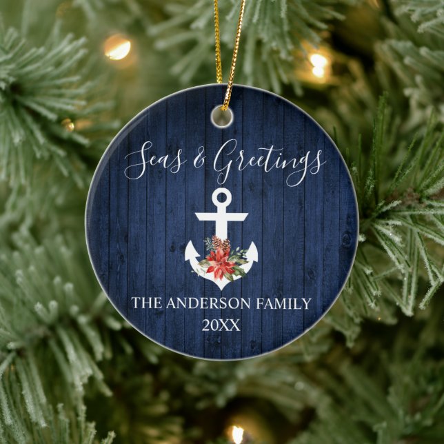 Seas and Greetings Blue Wood Poinsettia Anchor Ceramic Ornament (Tree)