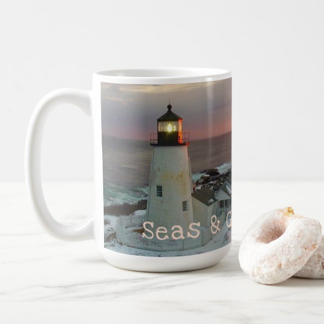 Seas and Greetings Blush Pink Lighthouse Coffee Mug (With Donut)