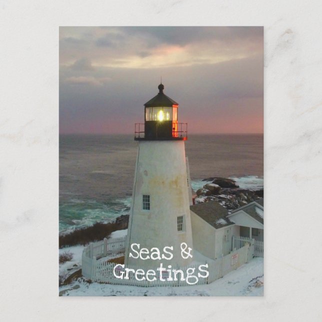 Seas and Greetings Christmas Lighthouse Postcard (Front)