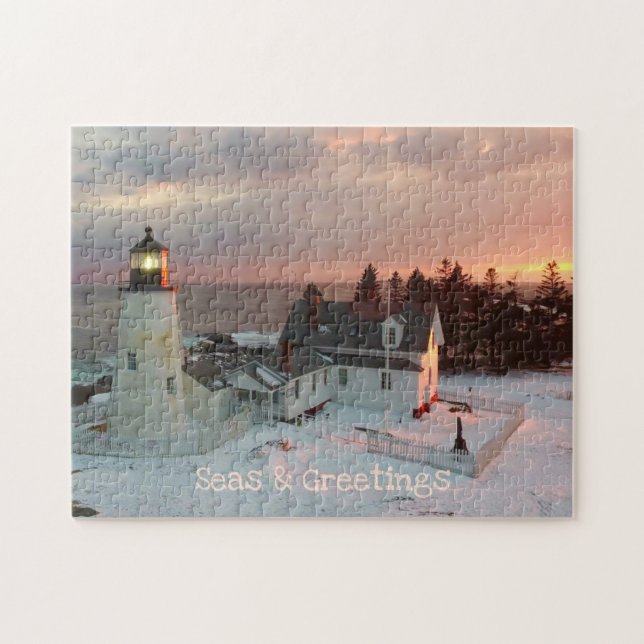 Seas and Greetings Coastal Christmas Lighthouse Jigsaw Puzzle (Horizontal)