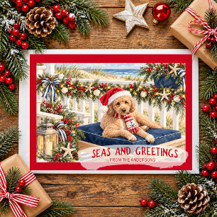 Seas and Greetings Coastal Goldendoodle Christmas Holiday Card