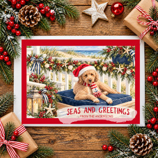 Seas and Greetings Coastal Goldendoodle Christmas Holiday Card