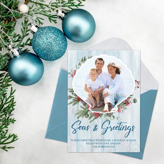 Seas and Greetings Coastal Seashell Photo Holiday Card (Creator Uploaded)