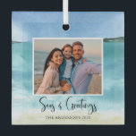 Seas and Greetings Family Photo Beach Ornament<br><div class="desc">Seas and Greetings Family Photo Beach Ornament - Our custom Christmas ornament features your gorgeous photo on a beach, ocean watercolor background. Seas and Greetings is in a modern, script font with your family name and year. What a lovely way to remember your happy memories. Also makes a great gift....</div>