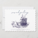 Seas and Greetings Nautical Minimal Christmas Card<br><div class="desc">Seas and Greetings Nautical Minimal Christmas Card - features a sketched sailboat on the sea. Modern script typography reads "seas and greeting" and is personalized with your family name and family members names with the year.</div>