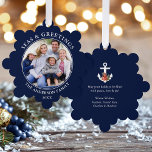 Seas and Greetings Photo Poinsettia Anchor Blue Ornament Card<br><div class="desc">Modern Seas and Greetings Christmas Holiday Photo Ornament Card - Navy Blue Background. Anchor topped with Watercolor Floral including red poinsettias,  pine cones and other beautiful winter greenery. This is a greeting card that is also an ornament.</div>