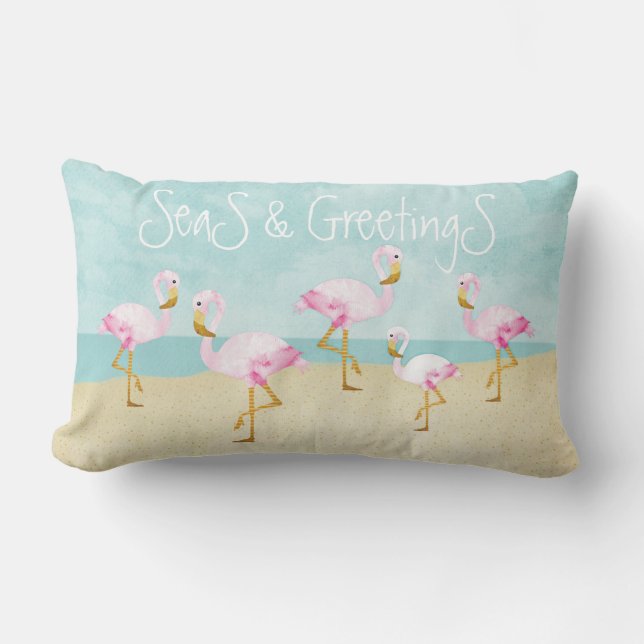 Seas and Greetings Pink Flamingos Lumbar Pillow (Front)