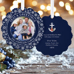 Seas and Greetings Poinsettia Anchor Snowflakes Ornament Card<br><div class="desc">Modern Seas and Greetings Christmas Holiday Photo Ornament Card - Navy Blue and White Snowflakes Background. Anchor topped with Watercolor Floral including red poinsettias,  pine cones and other beautiful winter greenery. This is a greeting card that is also an ornament.</div>