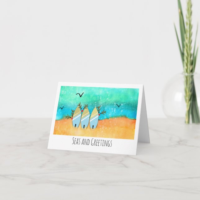 Seas and Greetings Reindeer Coastal Christmas Card (Front)