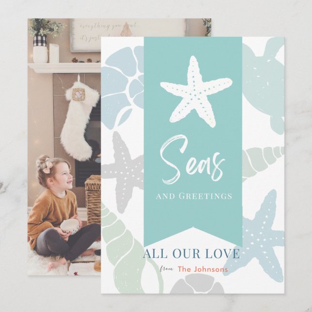 Seas and Greetings Seashell Holiday Photo Card (Front/Back)
