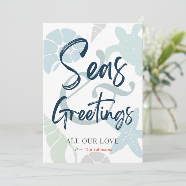 Seas and Greetings Seashell Holiday Photo Card (Standing Front)