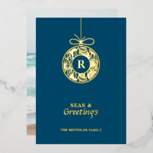Seas and Greetings Seashell Ornament Foil Holiday Card