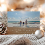 Seas and Greetings Single Photo Nautical Holiday Card<br><div class="desc">"Seas and Greetings" nautical themed Christmas holiday card. Card features elegant calligraphy "and" with navy blue and white stripe pattern backing.</div>