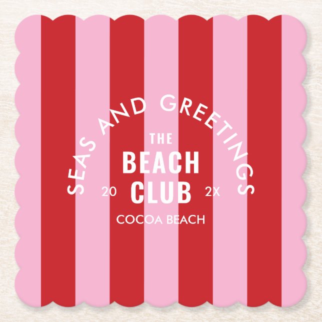 Seas And Greetings The Beach Club Pink Red Stripe Paper Coaster (Front)