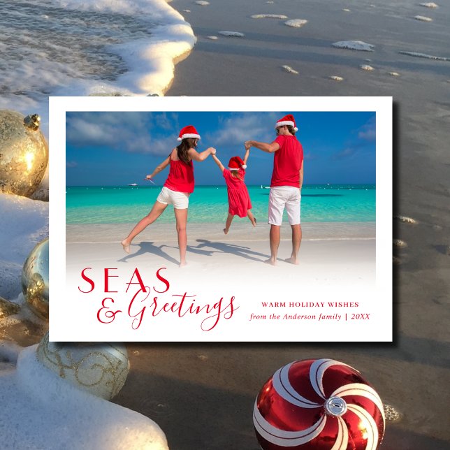 Seas and Greetings Tropical Coastal Red Holiday Card (Creator Uploaded)