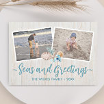 Seas & Greetings 5 Photo Beach Vacation Seashells Holiday Card<br><div class="desc">Use 5 of your favourite beach vacation photos to create a beautiful, fun Christmas card. "Seas and Greetings" is on the front with your customized message at the bottom on a light, coastal wood print. Seashells and starfish accent your beachy themed photos. The back also features the wood print along...</div>