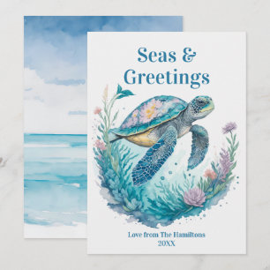 Seas & Greetings Coastal Christmas Watercolor Holiday Card