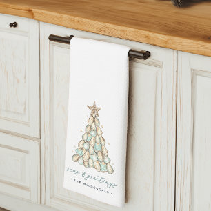 "Seas & Greetings" Coastal Oyster Christmas Tree Kitchen Towel
