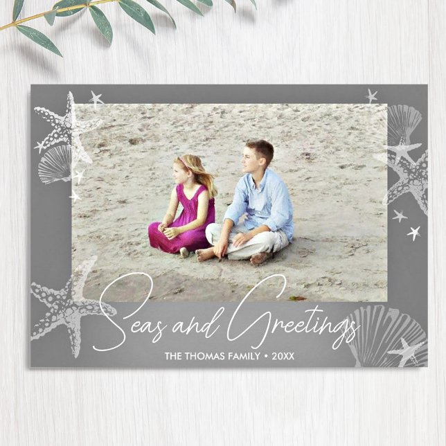 Seas & Greetings Grey Photo Beach Starfish Holiday Card (Creator Uploaded)