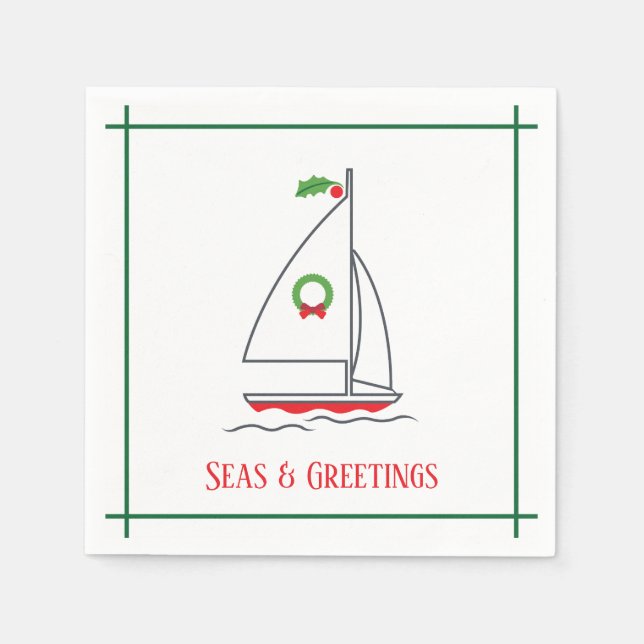Seas & Greetings Nautical Holiday Napkin Red Green (Front)