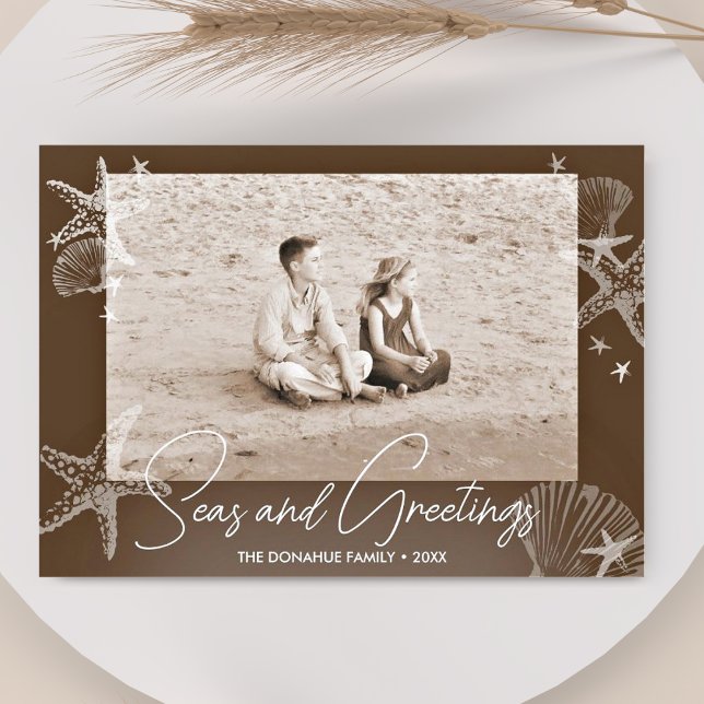 Seas & Greetings Photo Beach Sepia Brown Holiday Card (Creator Uploaded)