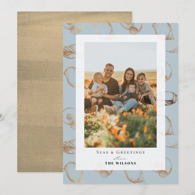 Seas & Greetings Seashell Blue Holiday Photo Card (Front/Back)