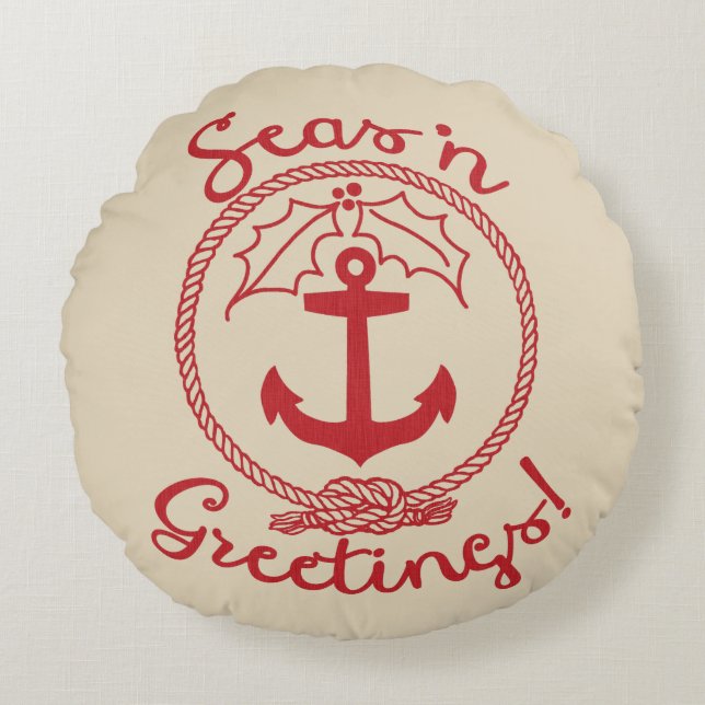 Seas 'n Greetings | Nautical Holiday Round Pillow (Front)