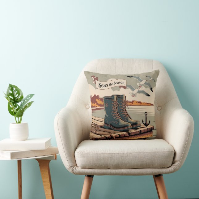 Seas Season Vintage Maritime Banner Art Throw Pillow (Chair)