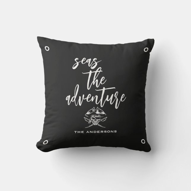 Seas the Adventure Nautical Pirate Quote Black Outdoor Pillow (Front)