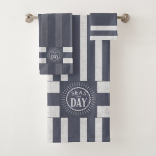 Seas the Day Denim Blue Striped Nautical Theme Bath Towel Set