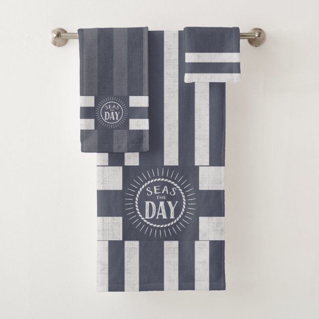 Seas the Day Denim Blue Striped Nautical Theme Bath Towel Set (Insitu)